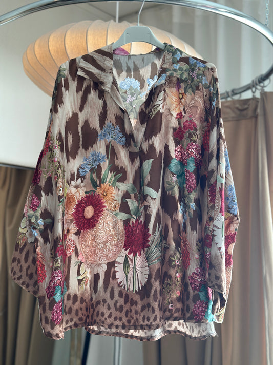 Blus med trekvartsärm i leomönster och blommor - Multicolour