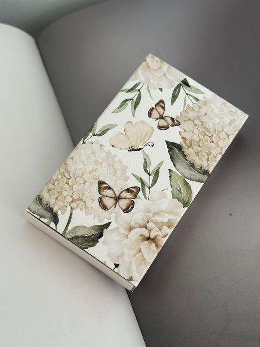 Majas Cottage, tändsticksask med motiv av hortensior och fjärilar.