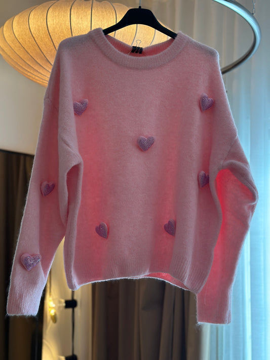 Stickad tröja ”Mona” med hjärtan - Rosa