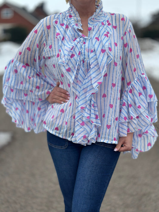Blus ”Olivia” med hjärtan och vida ärmar - Blått/Rosa