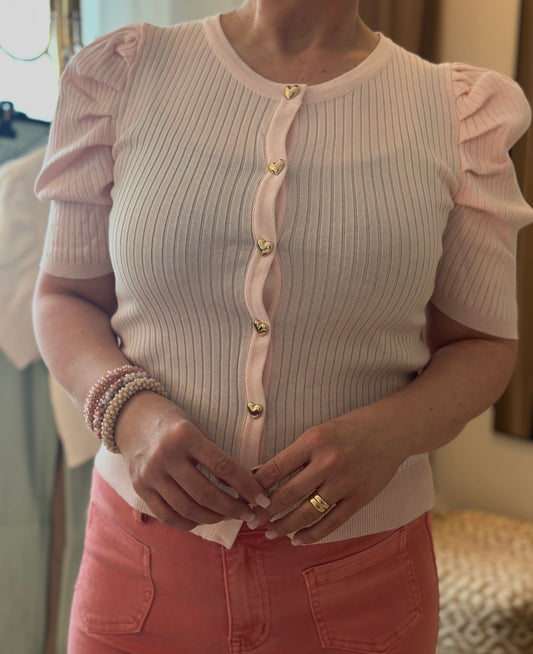 Top ”Sara” med hjärtformade knappar och puffärm - Rosa/Vit/Ljusblå