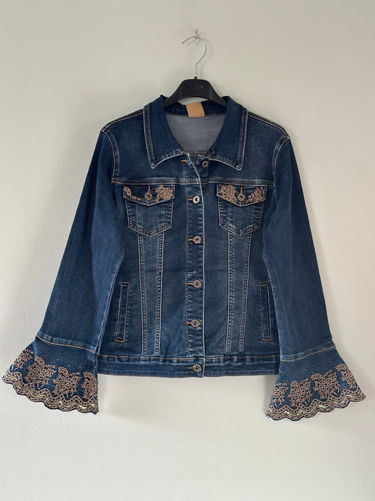 Jeansjacka med broderi och trumpetärm - Jeansblå