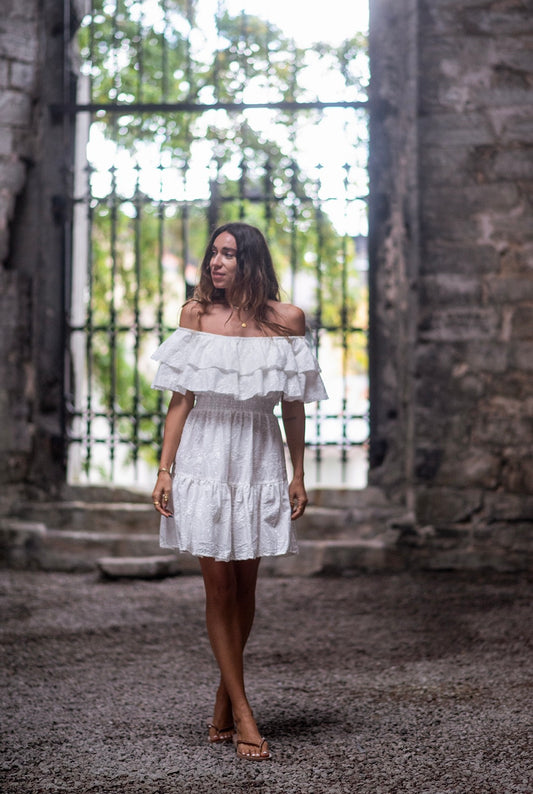Coconut Milk, Short Bamboo Dress - White Embroidery