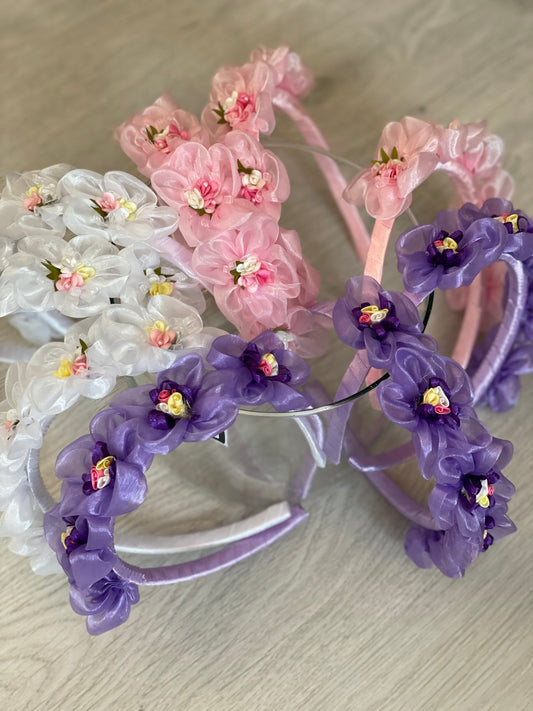 Minisa, Diadem med blommor- Rosa/Vit/Lila.